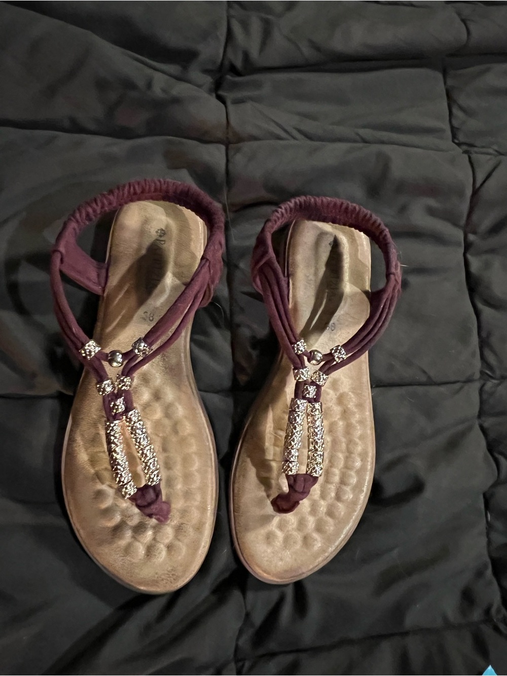 Embellished T-Strap Sandals in Burgundy